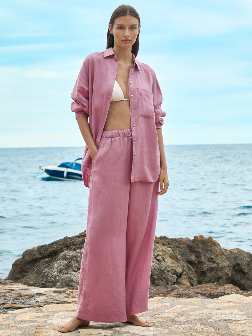 Oysho 100% linen pink button-down shirt ( washed rose)
